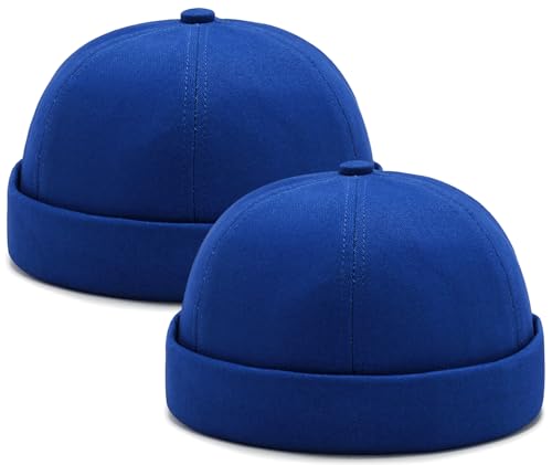 2 Pcs Mens Brimless Docker Cap Set - Retro Worker Sailor Skull Cap Beanie with Rolled Cuff - color: Blue