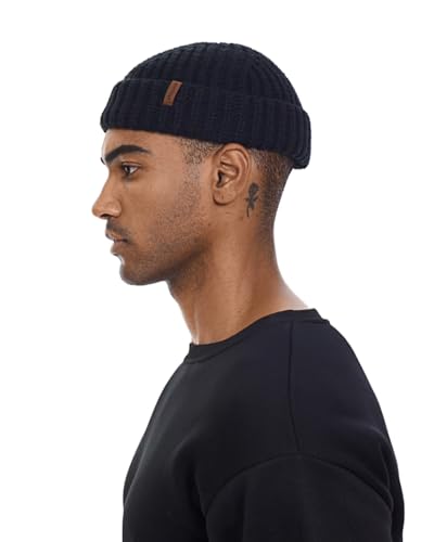 Chunky Wool Fisherman Short Beanie Hats Skull Cap for Men, Mens Thick Skater Streetwear Fishermans Beanie Daily Hat - color: Black