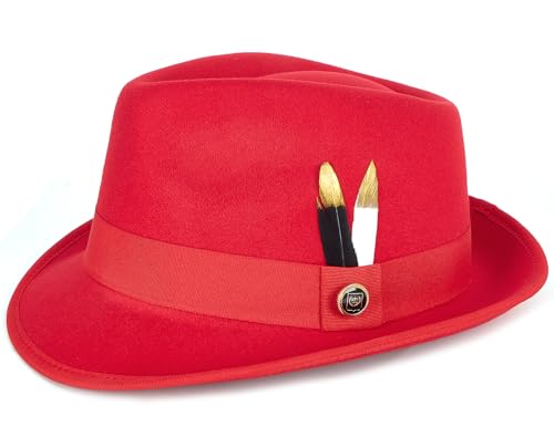 Fedora Hats for Men & Women Short Brim Felt hat Trilby Fedora with Feather Panama Dress Hat - color: Red, size: Large