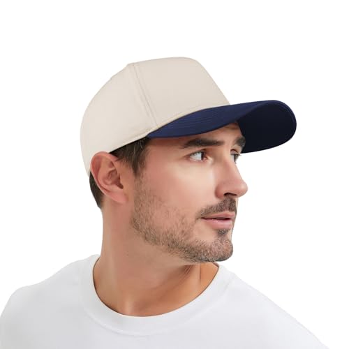 TOPTIE 5 Panel Trucker Hat Snapback Adjustable Cotton Sun Cap for Men - color: Navy Beige