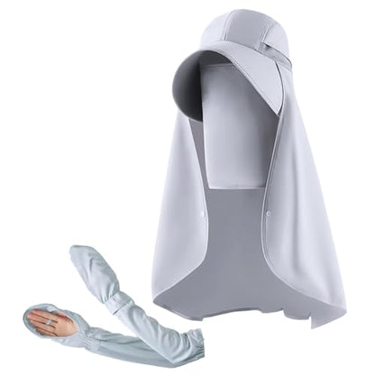 Sun Hat with Face Cover and Arm Sleeves,UPF 50+ Sun Protection Cap,1 Piece Sun Hat and 1 Pair Arm Sleeves,Grey