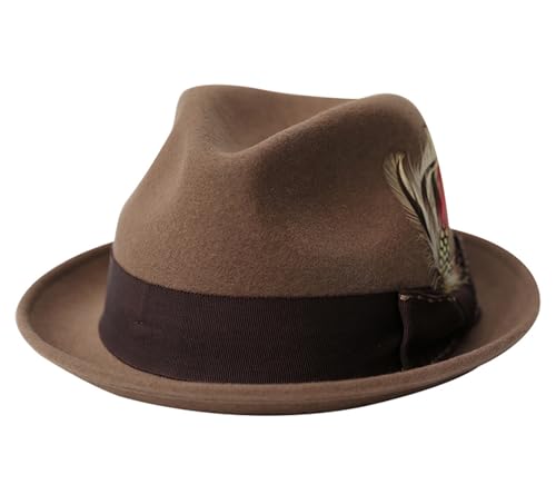 Home Prefer Men's Wool Felt Winter Hat Short Brim Fedora Hat with Feather - color: Brown