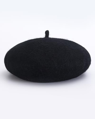 French Beret Hats for Women - Wool Solid Color Beanie Cap - color: Black