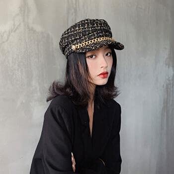 Women Plaid-Tweed Newsboy-Baker-Boy Hat Captain-Sailor Fisherman Hat Peaked-Beret with Chain - color: Black