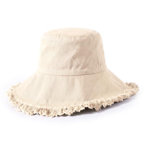 CHOK.LIDS Frayed Bucket Hat Washed Cotton Floppy Wide Brim Boonie Cap - color: Latte