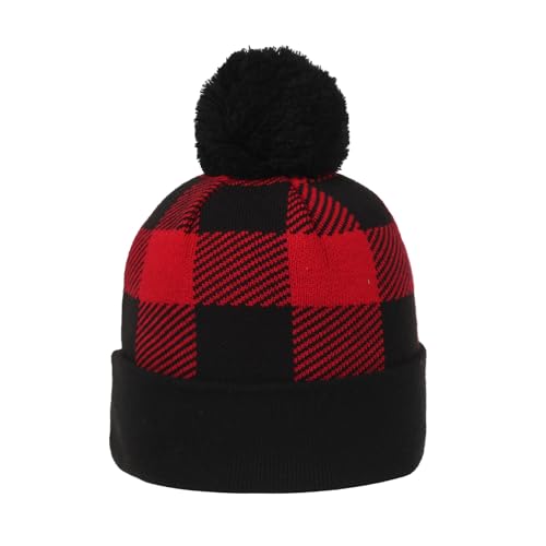 Outdoor Cap Unisex Adult Sasquatch Knit Beanie with Cuff & Pom - color: Buffalo Plaid Red and Black