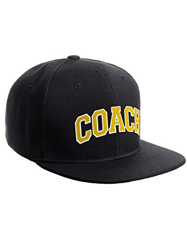 Original Team Coach Snapback Hat Classic Layered Arched Letters Flat Bill Cap - color: Black Hat White Gold Letters