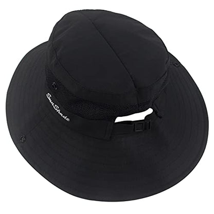 Muryobao Women's Ponytail Sun Hat UV Protection Foldable Mesh Wide Brim Beach Fishing Hat - color: Pure Black