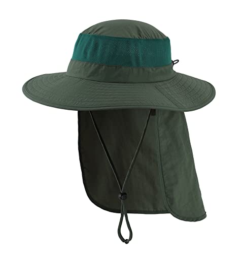 Home Prefer Outdoor UPF50+ Mesh Sun Hat Wide Brim Fishing Hat with Neck Flap Sun Hat for Men Women - color: Forest Green