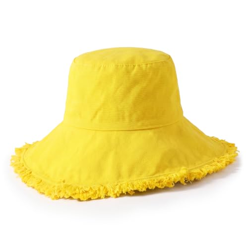 CHOK.LIDS Frayed Bucket Hat Washed Cotton Floppy Wide Brim Boonie Cap - color: Happy Lemon