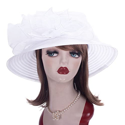 Womens Wedding Occasion Floral Wide Brim Church Dressy Sun Hat A323 - color: White