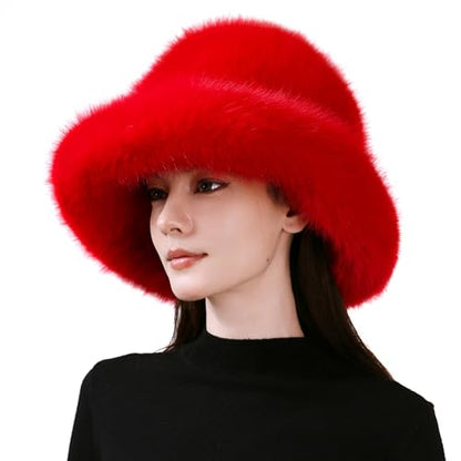 Dikoaina Faux Fur Bucket Hat for Women Girl – Oversized Brim, Super Soft & Fluffy Winter Hat - color: Red