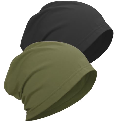 ROYBENS 100% Cotton Thin Slouchy Beanie Hat Women Men Lightweight Chemo Cap - color: 2pcs Black+army Green