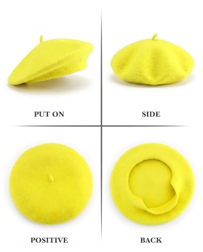 Wool French Beret Hats for Women Classic Winter Beanie Cap - color: Yellow