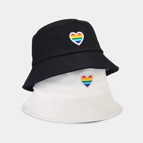 XYIYI 2 Pack Unisex Bucket Hat for Women Men Summer Beach Fishing Hat Sun Hat - color: Rainbow Heart Black White