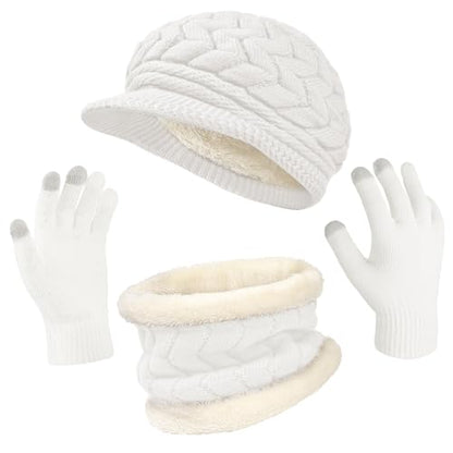 Loritta 3 in 1 Womens Winter Hat Gloves Scarf Set, Warm Hat Mittens - color: White
