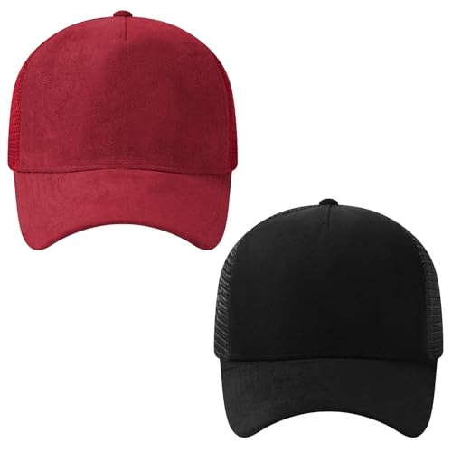 Suede Curved Brim Trucker Cap Adjustable Snapback Hat Mesh Back Breathable for Men Women 2 Pack SH03 - color: Pack of 2, Black & Red