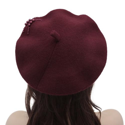 ZLYC Women French Beret Hat Winter Knitted Stretchable Beret Artist Cap - color: Side Pearls Burgundy