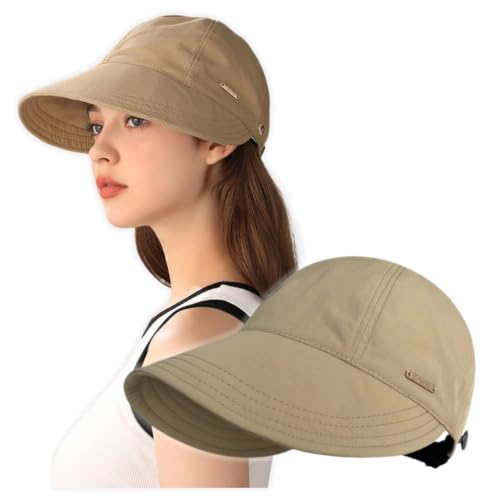 Women's Adjustable Ponytail Sun Hat, Wide Brim Summer Protection Cap - color: Khaki