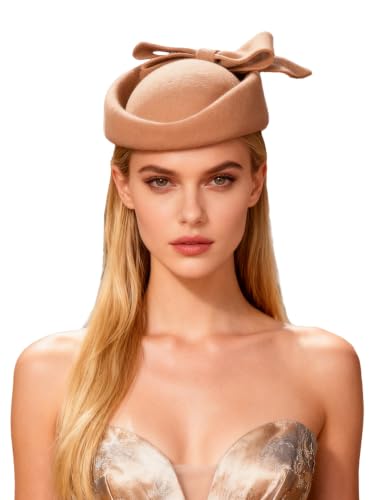 Wool Felt Vintage Fascinator Winter Women Elegant Pillbox Hat Bowknot Derby Church Hat Retro Fedoras - color: Dark Camel