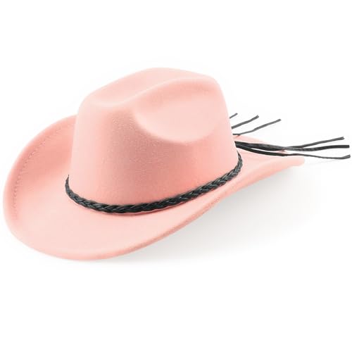 DRESHOW Western Cowboy Hat for Men Women Cowboy Cowgirl Hat Outdoor Wide Brim Retro Felt Fedora Hats Unisex Rolled up Caps - color: 1 Pack Style 9: Baby Pink With Braided Band