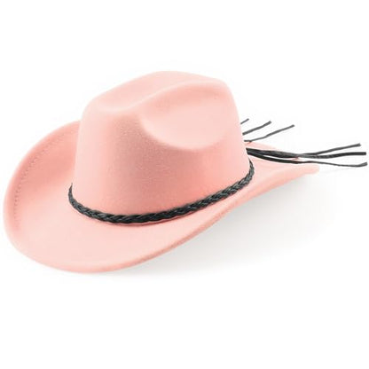 DRESHOW Western Cowboy Hat for Men Women Cowboy Cowgirl Hat Outdoor Wide Brim Retro Felt Fedora Hats Unisex Rolled up Caps - color: 1 Pack Style 9: Baby Pink With Braided Band