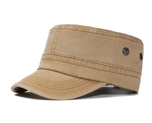 Military Cadet Army Cap for Men Women-Washed Cotton Vintage Adjustable Flat Top Baseball Hat - color: Solid Camel