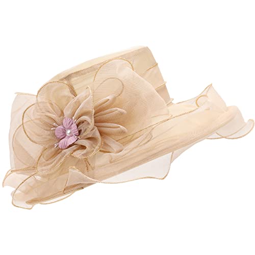 AQOKKA Women Organza Church Fascinators Kentucky Derby Hats for Women and Girls Wedding Flower Tea Party Hat with Wide Brim - color: Simulated Flower : Khaki