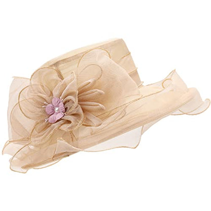 AQOKKA Women Organza Church Fascinators Kentucky Derby Hats for Women and Girls Wedding Flower Tea Party Hat with Wide Brim - color: Simulated Flower : Khaki
