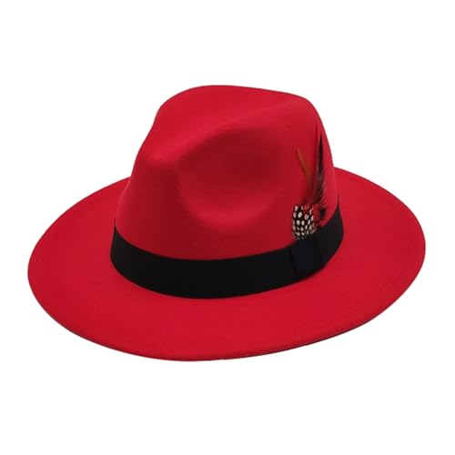Mens Fedora Hats Classic Wide Brim Fedora Hat for Women Men Dress Hats Panama Hat with Band - color: Red