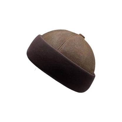 Lukkizara Winter Sheepskin Leather Fur Knit Beanie Cuff Round Bucket Winter Ski Hat - color: Grey