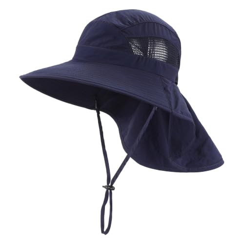 Home Prefer UPF50 Wide Brim Kids Sun Hat Neck Flap Boys Girls Sun Protection Hat for Beach Fishing - color: Navy Blue, size: 4-8 Years
