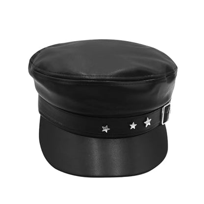 BOLLEY JOSS Womens Fashion Newsboy Cap Faux Leather Bakerboy Hat Stars Buckle Beret Paperboy Fiddler Captain Sailor Hats - color: Black