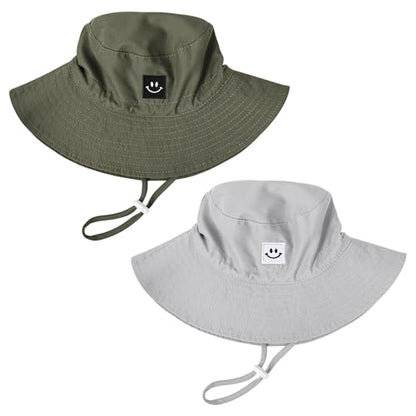 Baby Toddler Sun Hat,Kids Summer UPF 50+ Foldable Beach Bucket Hat for Boys Girls Children - color: Grey & Army Green 2pcs, size: 0-6 Months