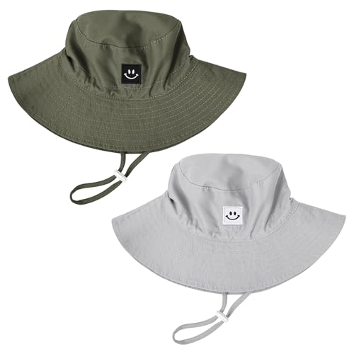 Baby Toddler Sun Hat,Kids Summer UPF 50+ Foldable Beach Bucket Hat for Boys Girls Children - color: Grey & Army Green 2pcs, size: 6-24 Months