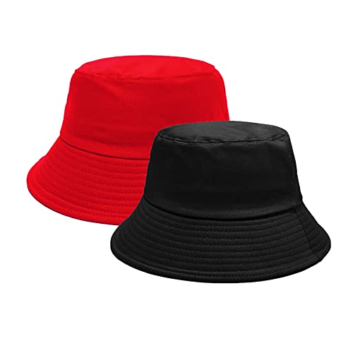PFFY 2 Packs Bucket Hat for Women Men Cotton Hats Sun Beach Fishing Cap - color: Red+black
