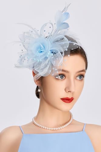 BABEYOND Fascinators Hats for Women Tea Party Flower Tulle Bead Derby Hat - color: Light Blue