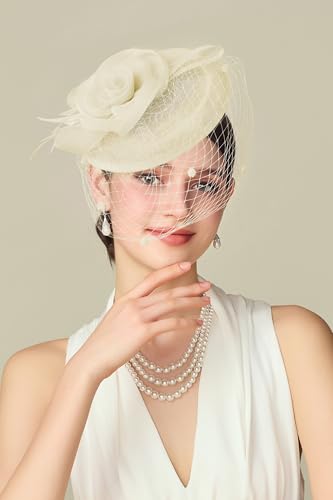 BABEYOND Fascinators Hats for Women Flower Veil Feather Pillbox Derby Hat - color: Beige