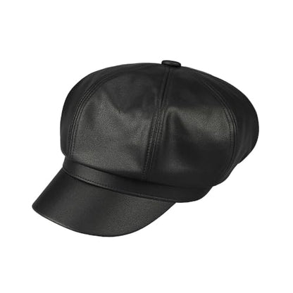 C.C Knitted Newsboy Cap for Women – Soft Knit Hat with Adjustable Velcro, Lightweight Warm Winter Style - color: Faux Leather-black