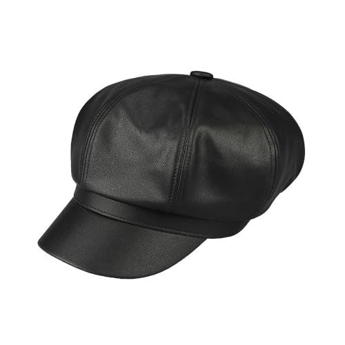 C.C Knitted Newsboy Cap for Women – Soft Knit Hat with Adjustable Velcro, Lightweight Warm Winter Style - color: Faux Leather-black
