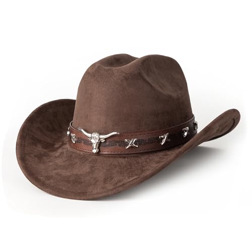 Western Cowboy Hat for Men Wide Brim Suede Cattleman Cowgril Hats - color: Coffee Belt/Coffee