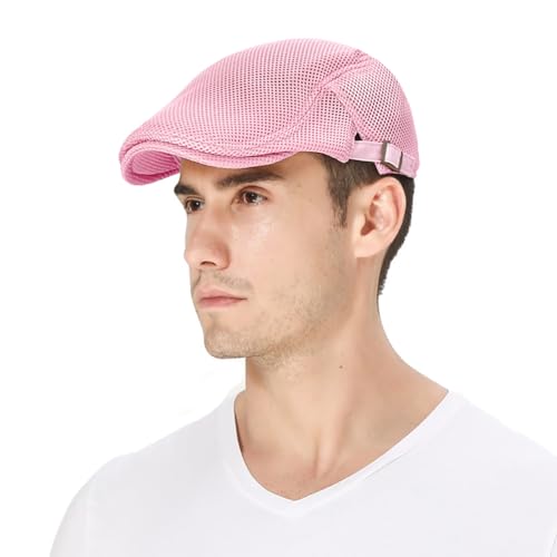 DIYDECAL Mens Breathable Mesh Summer Hat Adjustable Newsboy Beret Ivy Cap Cabbie Flat Cap - color: Pink