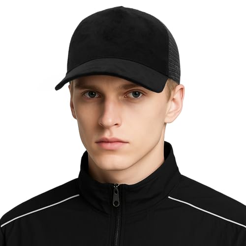 TopTie Suede Mesh Baseball Cap, Breathable Snapback Trucker Cap, 5-Panel Unisex Adjustable Sports Hat for Outdoor - color: Black