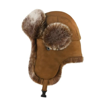 Men Russian Cossack Ushanka Trapper Hat Suede Faux Fur Hunter Hat Thick Furry Trooper Hat with Earflaps Skiing Cap - color: Brown