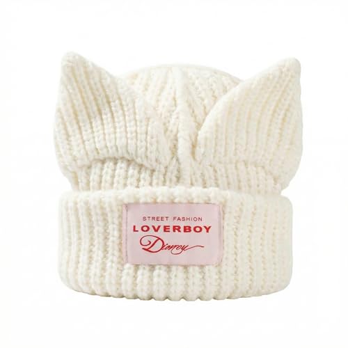 Cat Ear Beanie Y2K Cute Knit Hat with Ears Warm Crochet Hat Skull Cap for Women Men - color: White