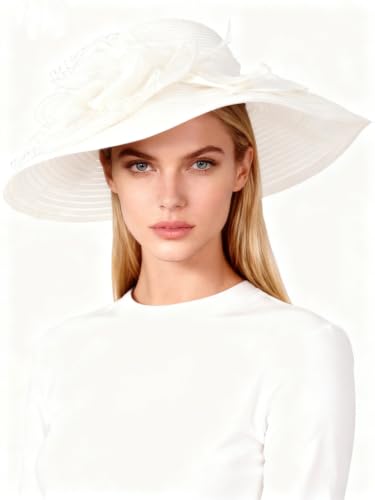 Vintage Fascinators Pillbox Hat for Women Straw Fedora Wide Brim Ladies Church Sinamay Derby Hats - color: White 2