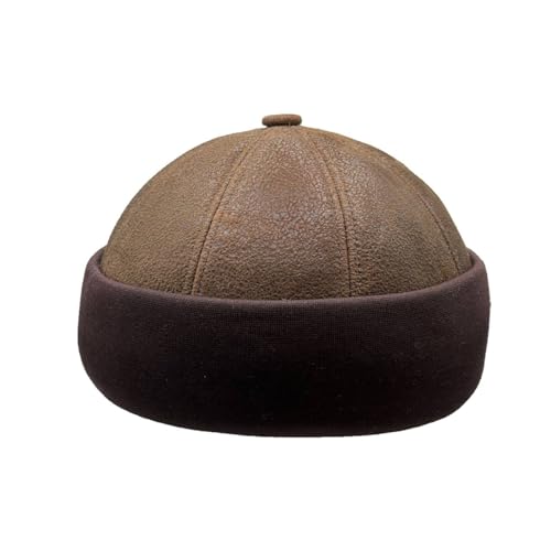 Lukkizara Winter Sheepskin Leather Fur Knit Beanie Cuff Round Bucket Winter Ski Hat - color: Grey