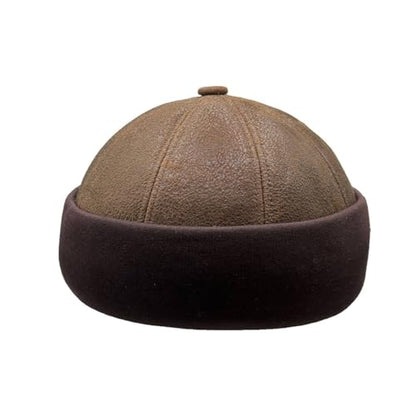Lukkizara Winter Sheepskin Leather Fur Knit Beanie Cuff Round Bucket Winter Ski Hat - color: Grey