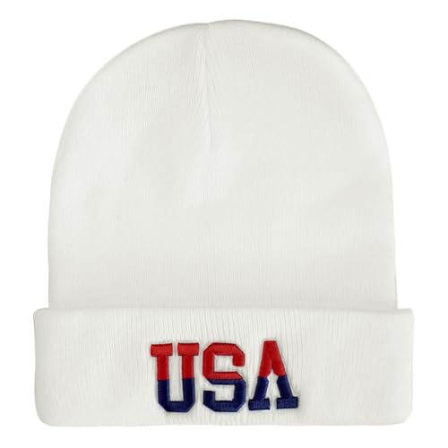 American Flag Beanie, USA Embroidered Winter Hat for Women Men - color: Usa-white