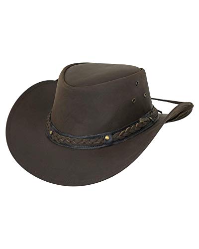 Outback Trading Men's 1367 Wagga UPF 50 Breathable Leather Western Hat with Adjustable Chin Cord with Braided Hatband - color: Chocolate, size: Small